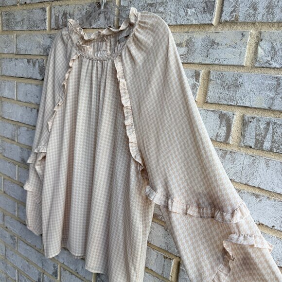 Loft Ruffled Long Sleeve Round Neck Beige/Cream Houndstooth Blouse Size L - Picture 6 of 7